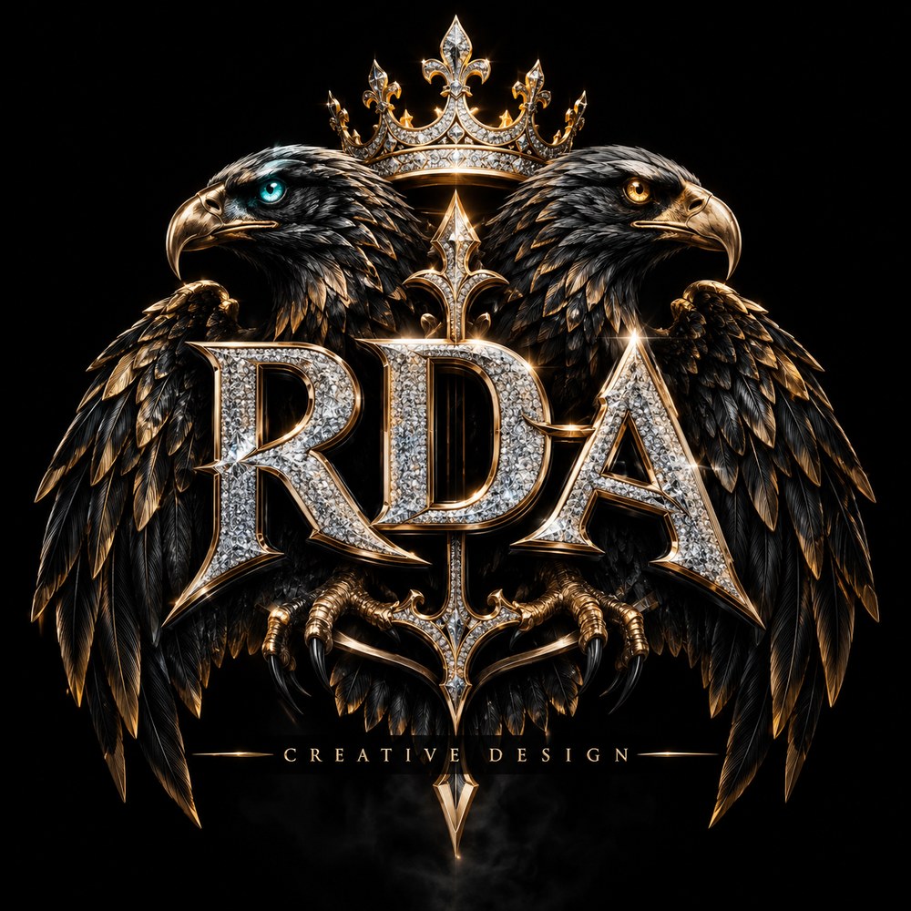 RDA Creative Design logo: diamond RDA letters with a crown and two eagles