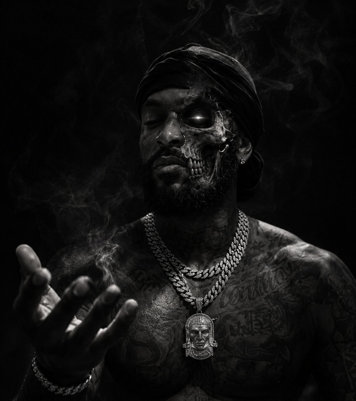 Black-and-white portrait with a half-skull face, glowing eye and drifting smoke