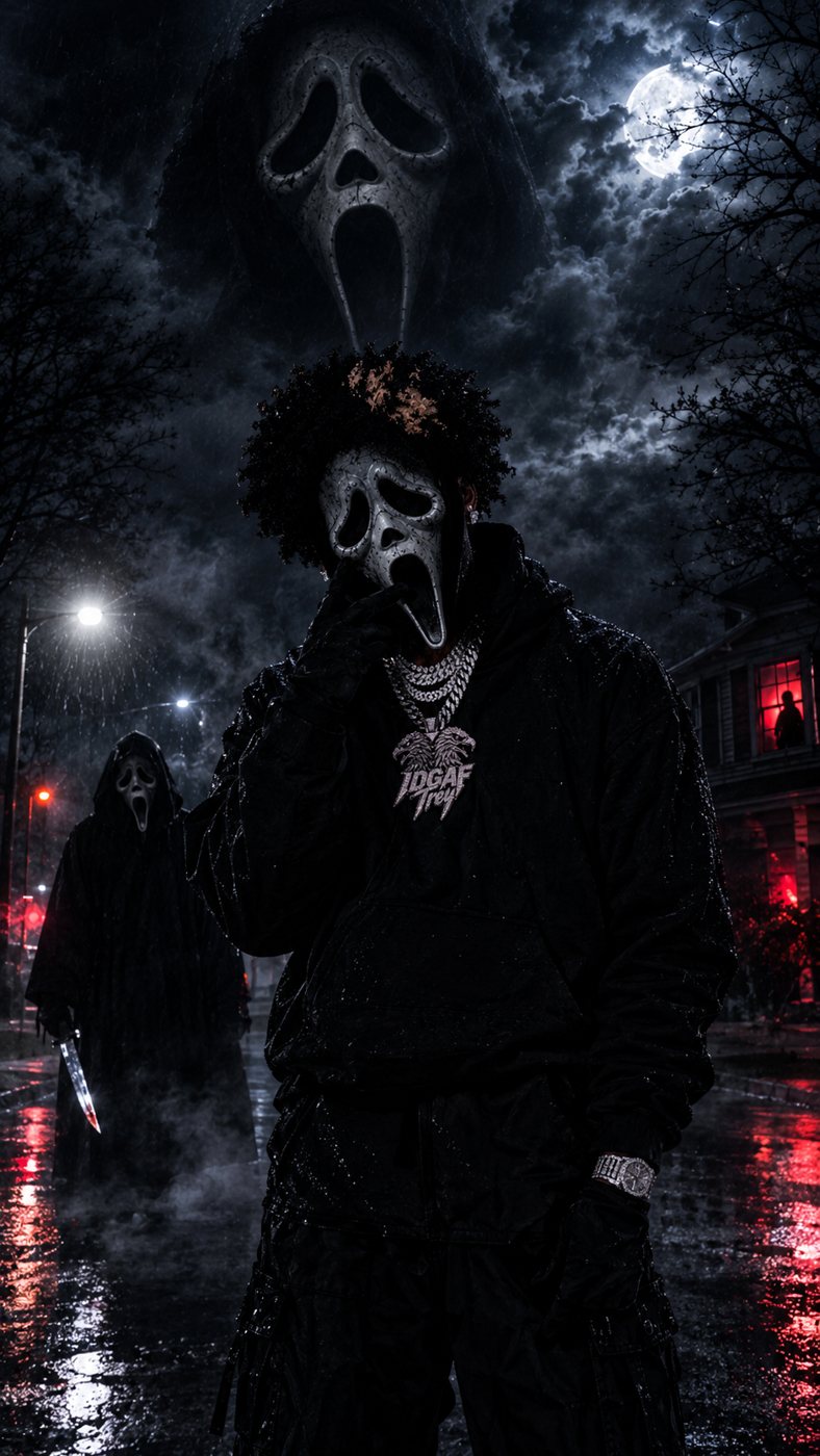Masked figure on a rainy night street with a full moon and red lights