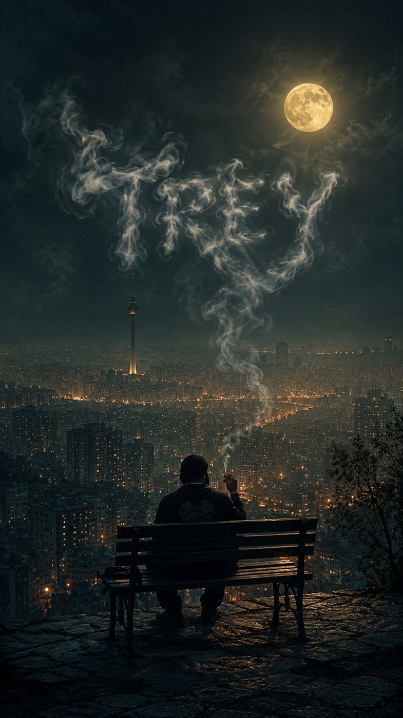 The name Trey written in smoke above a city skyline at night under a full moon